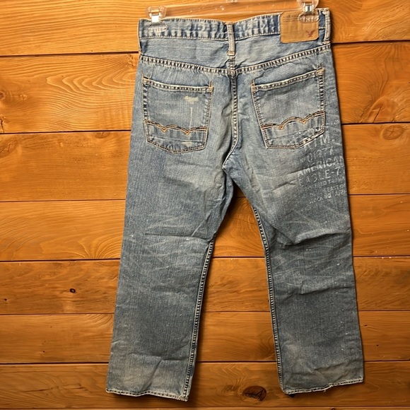 American Eagle Jeans Mens 29/30 Bootcut Blue Distressed Medium Wash Logo Patch - Picture 6 of 12